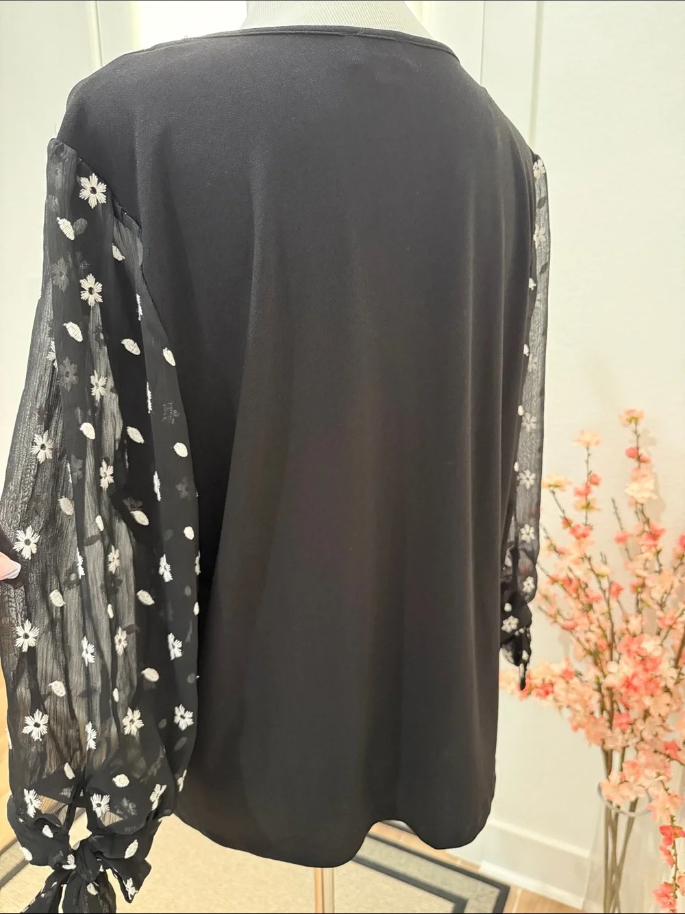CeCe Black Blouse with Sheer Floral Sleeves